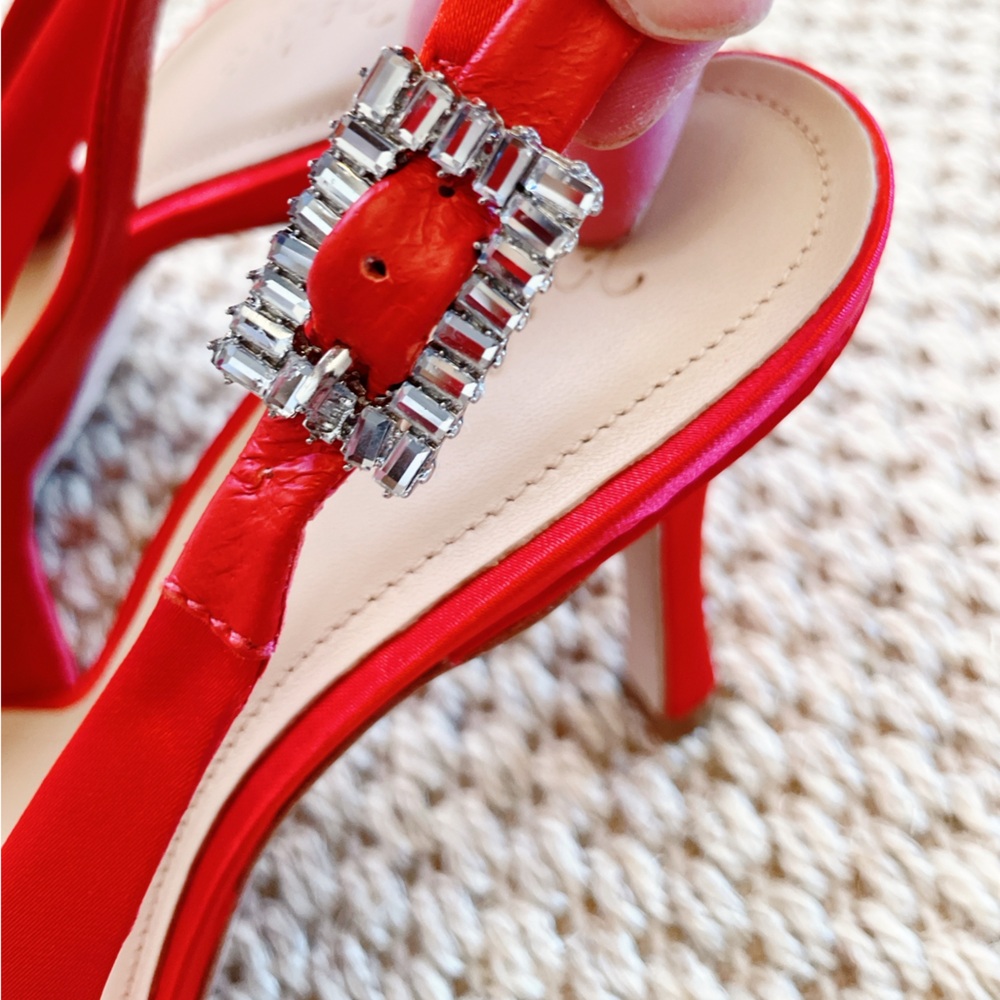 NEW Eleven22 Red Satin Slingback Heels Rhinestone Buckle Size 7 - saks fifth ave - Picture 6 of 8